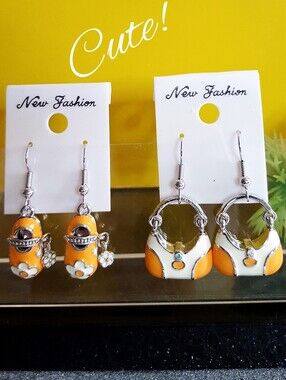 LOT X2🌺Orange Enamel Handbag And Shoes Drop Dangle Earrings